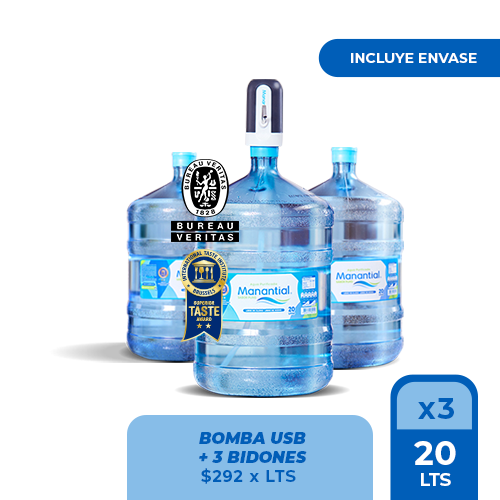Pack dispensador de agua USB más tres bidones de 20 litros