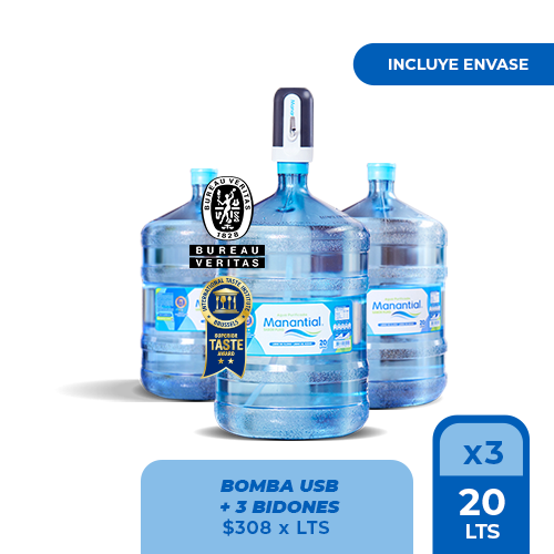 Pack dispensador de agua USB más tres bidones de 20 litros